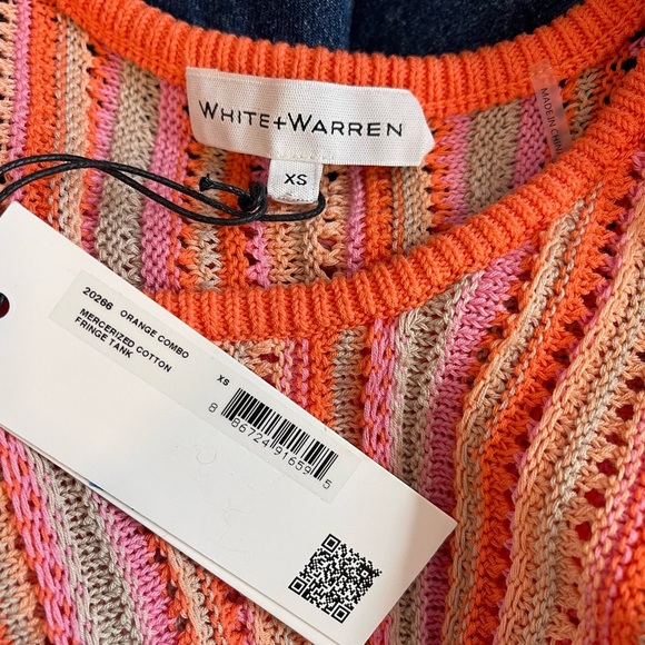 White + Warren Orange Colorful Mercerized Crochet Knit Cotton Tank Top Fringe XS - Picture 6 of 6